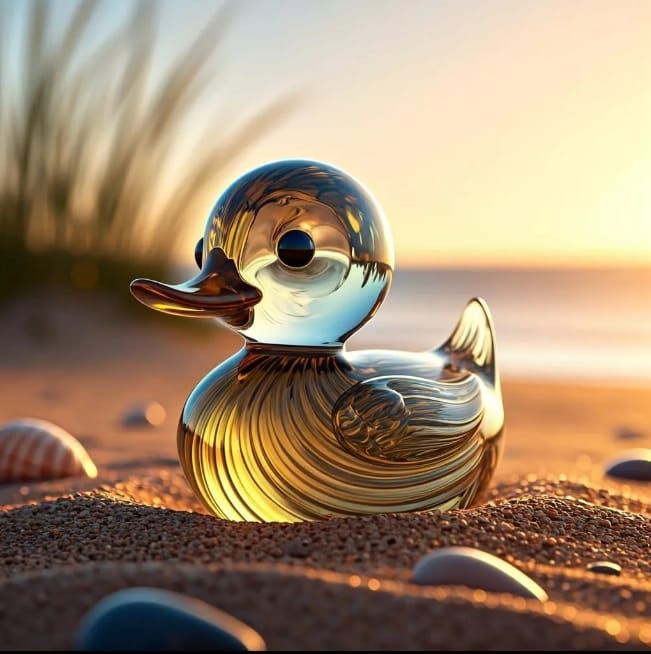 an adorable glass baby duck sitting on the beach