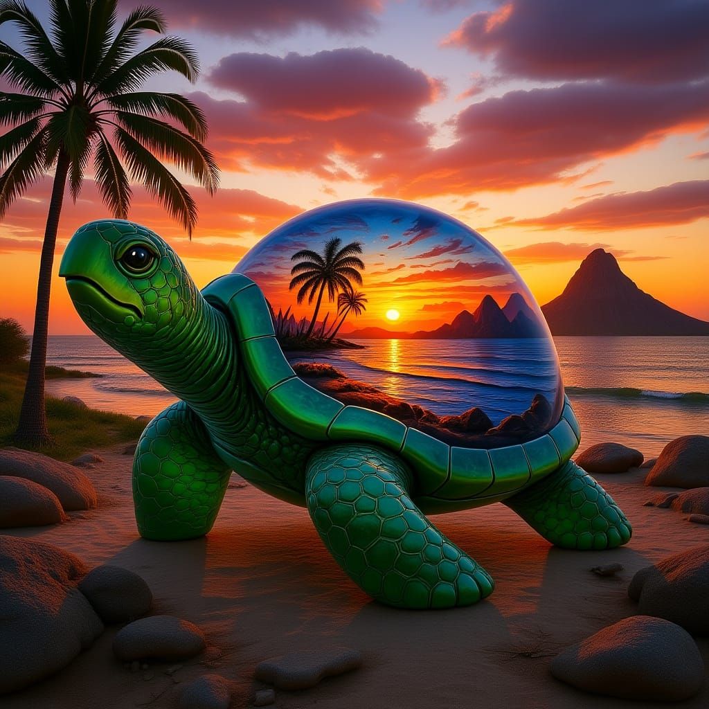 Add palm trees Rocky shores and mountain on horizon in background horizon behind glass turtle sculpture, colorful sunset sky with colored cl...
