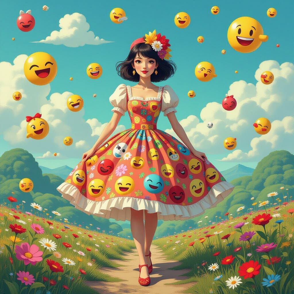 Emoji Surrounded Woman in a Miyazaki Dreamscape