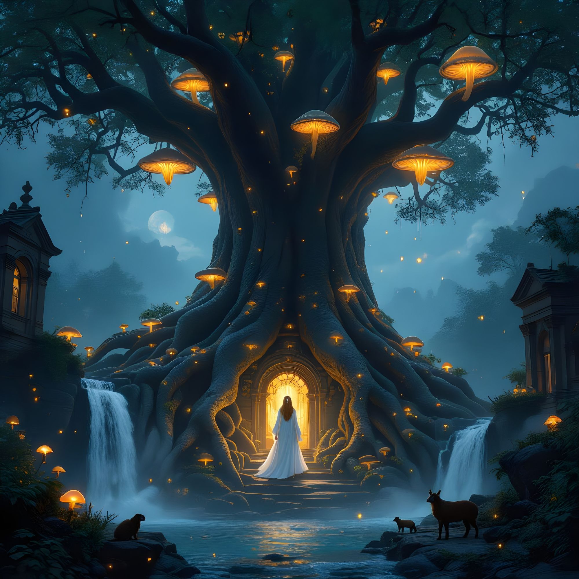 Hyper Realistic, HiDream I1Dev-Style, HD, 4k, Shot By Panasonic Lumix G9 II, 50mm f/1.2 lens, Collosal Tree that root swirling around Old ar...