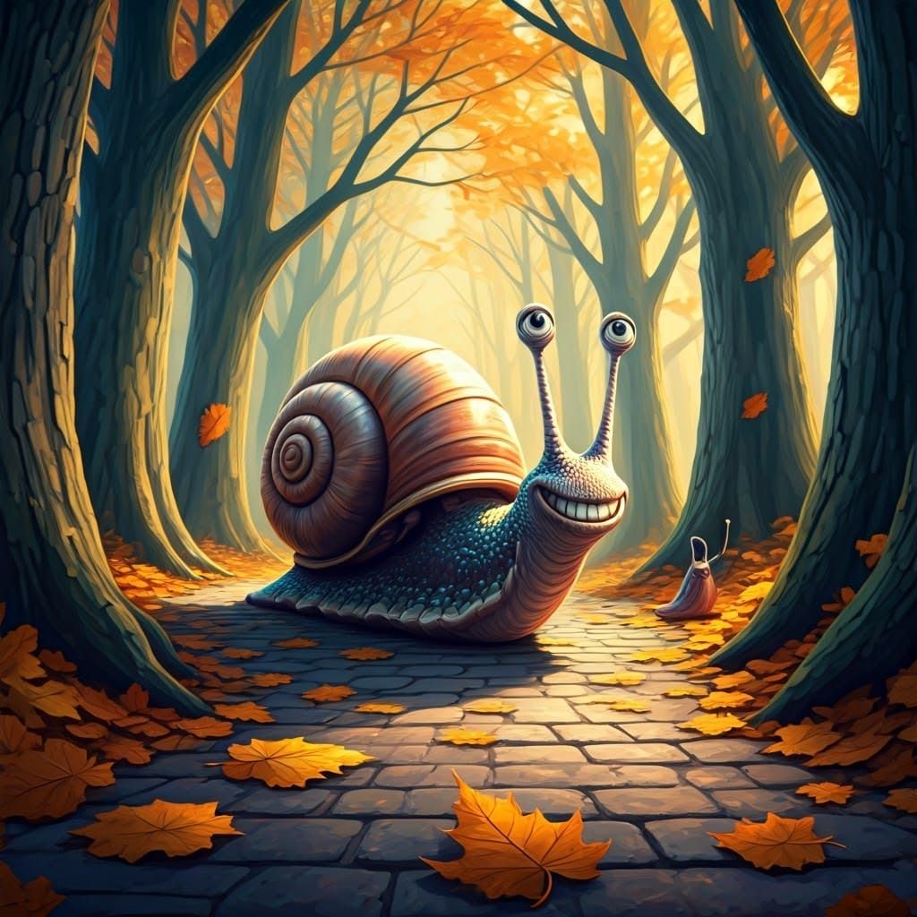 Whimsical Giant Snail's Autumn Journey as Impasto Painting