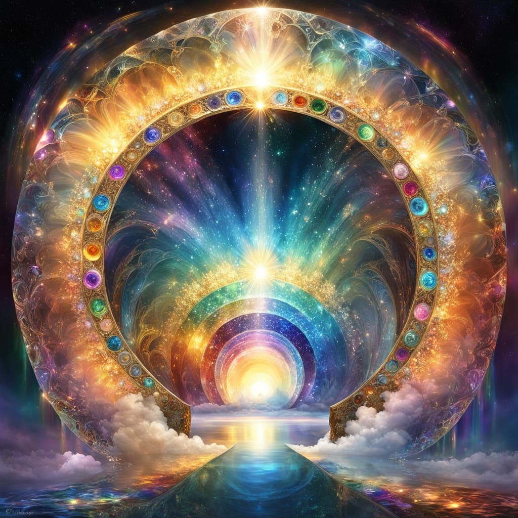 Most incredible glass crystal portal to another dimension, radiating with golden and rainbow light swirls, ...  by @LO