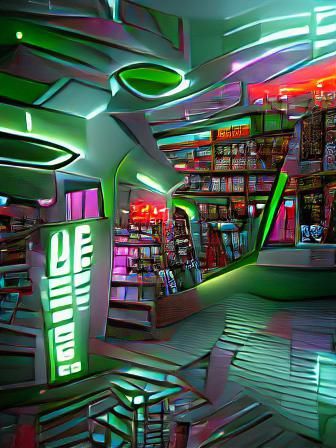 Futuristic neon inside bookstore