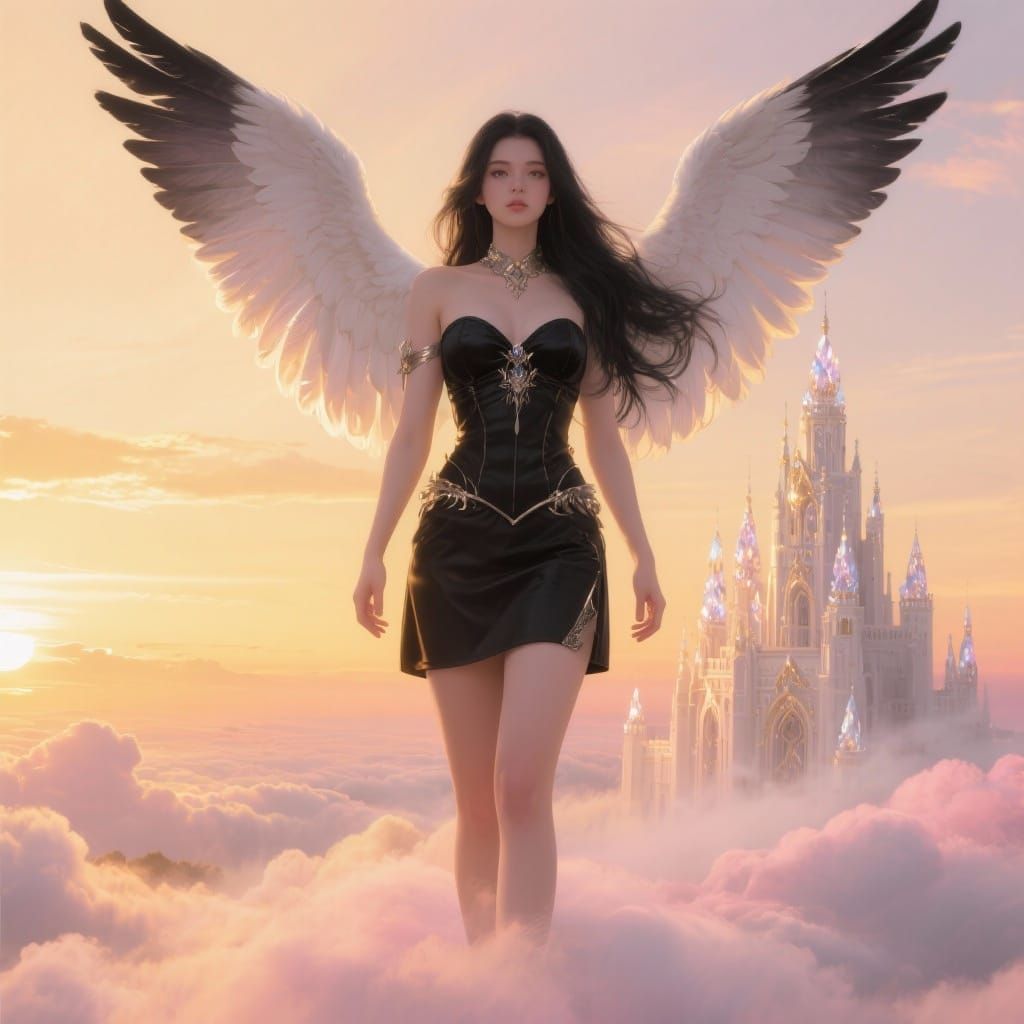 Female angel turns to look at the glowing castle