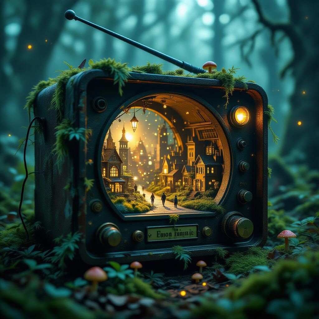 Inside an old, moss-covered radio receiver abandoned deep in the forest, a tiny glowing miniature city thrives within its hollow interior — ...