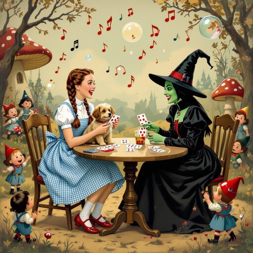 An old-timey look of Dorothy from The wizard of Oz with her braids holding Toto with her ruby slippers on sitting at a card table wearing a ...