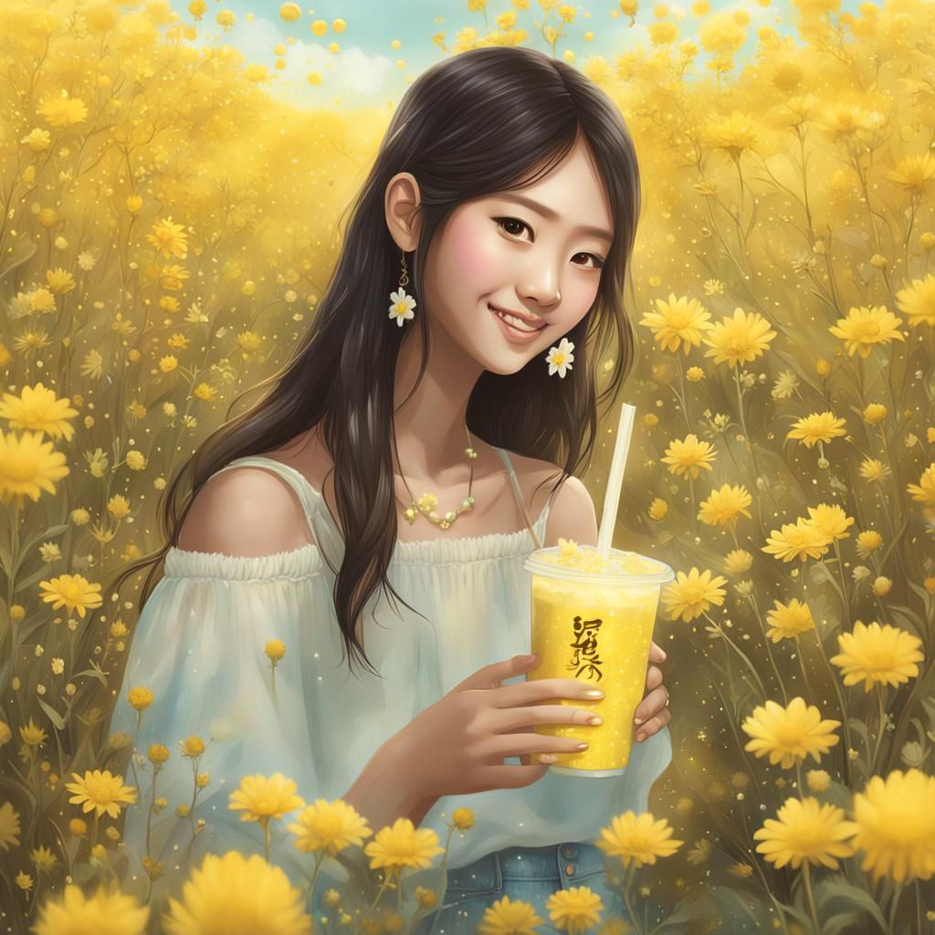cute teen, Asian girl with pastel yellow glitter makeup, smi...
