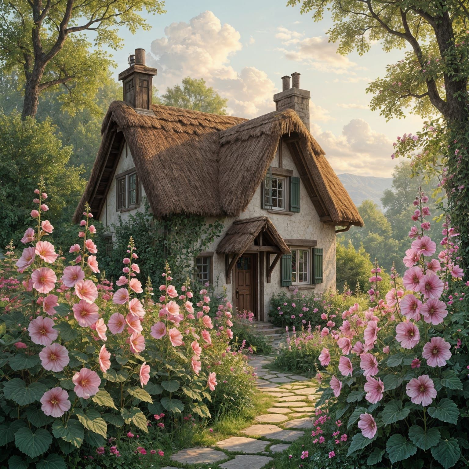 a cottage with hollyhocks   by @Robin