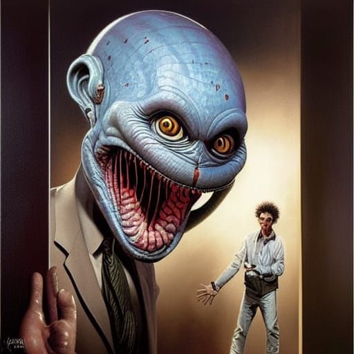 The mad scientist was astonished to see the gray alien comin...