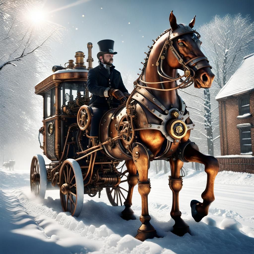 Steampunk/Steampunk horse and its team caught in a snowstorm/Snow, light,ice, cold, sun making the snow ...  by @curiouscat 