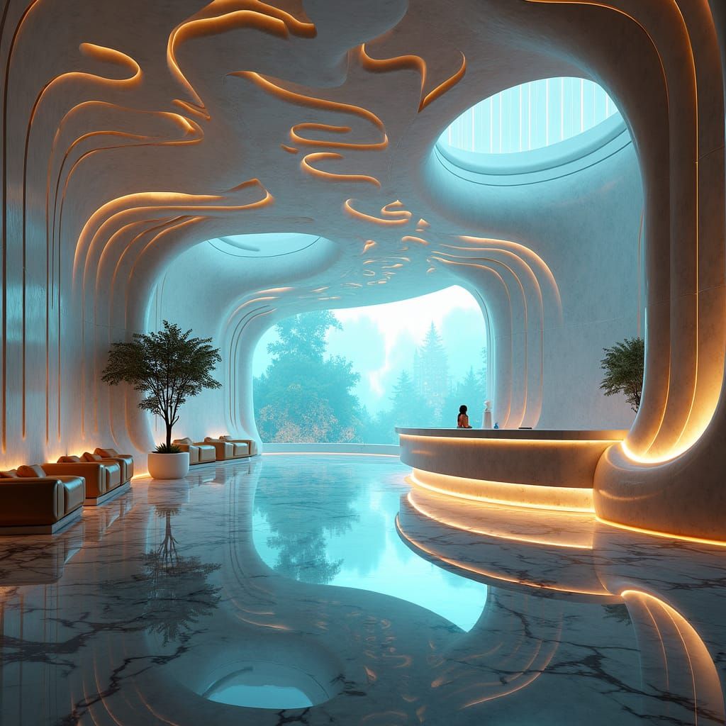 Image Idea: A futuristic hotel lobby with AI-driven design e...
