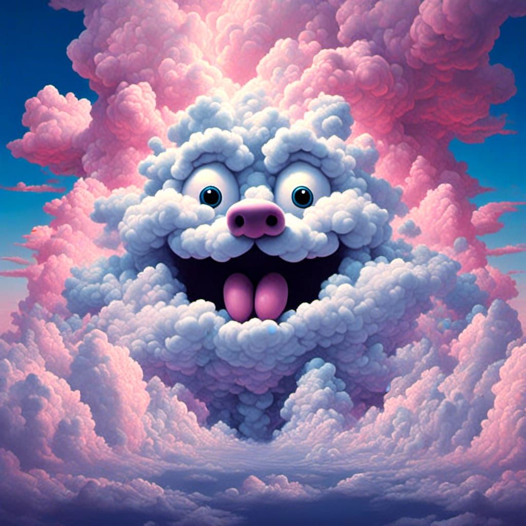 <lora:Cloud:1.0> dog face made from clouds, hyperdetailed cloud face laughing