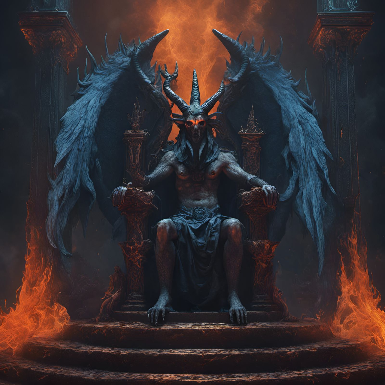 Baphomet,satanic throne in hell,blue and black,orange mist in the style ...