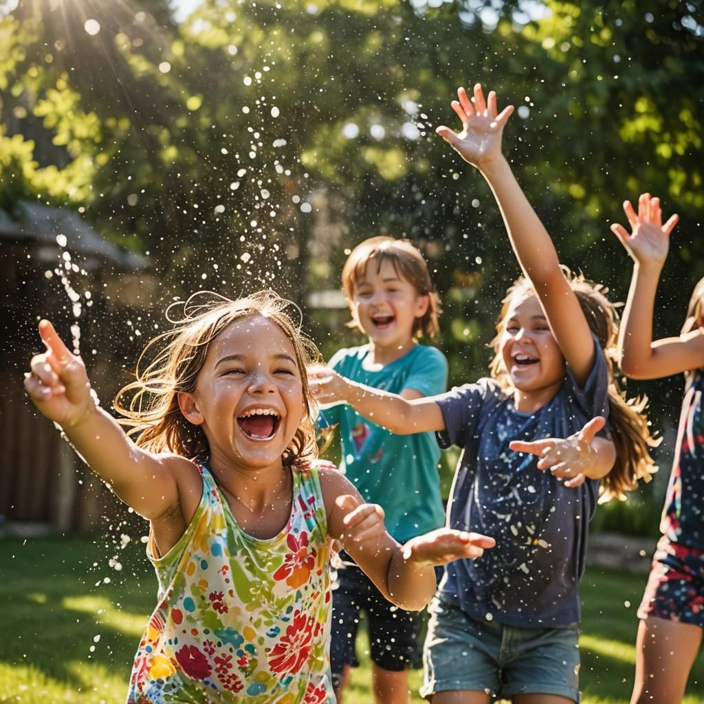 Children's Water Fight in Sunny Backyard