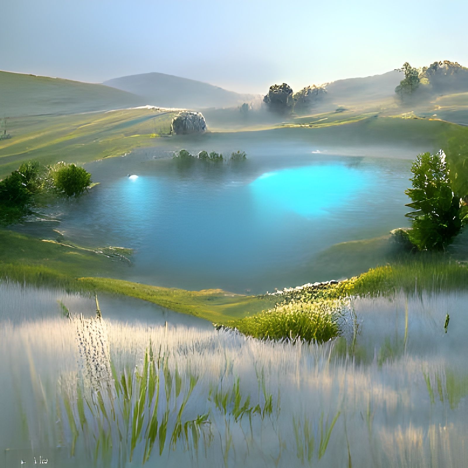 A misty blue pond in a pale meadow