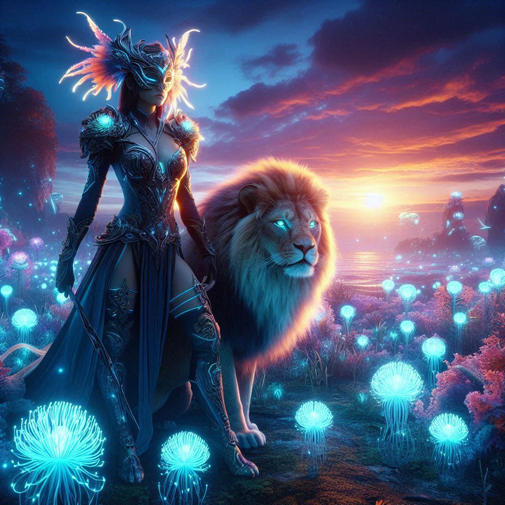 Lady Warrior with Fierce Lion on a distant planet