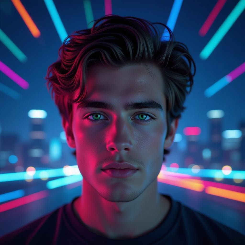 Man in Neon Double Exposure with City Skyline