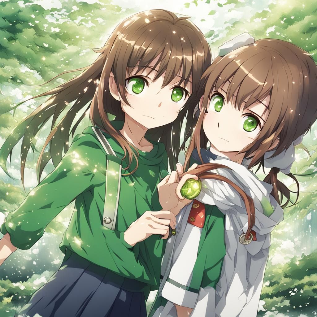 a phinix and human mix. the girl has brown hair and green ey...
