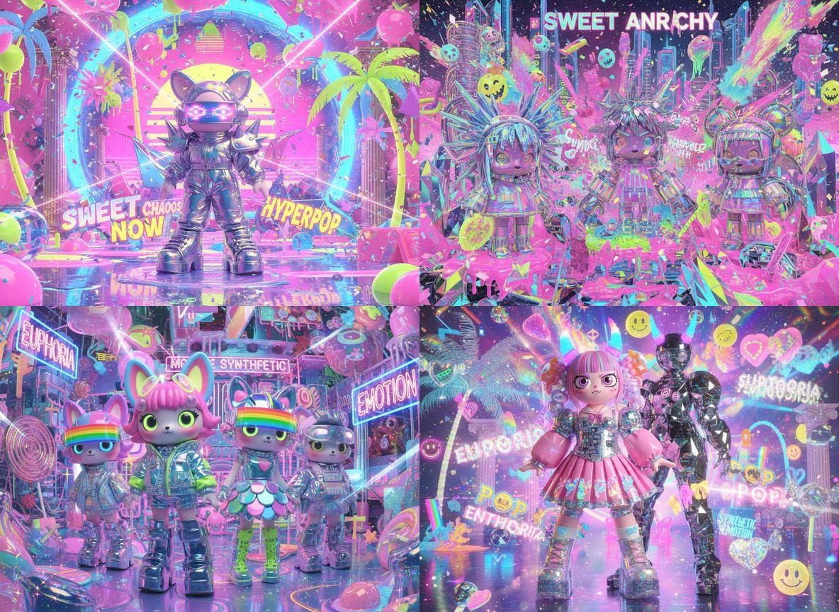 maximalist color overload, neon gradients, candy-coated gloss, sharp digital textures, bubblegum futurism, and glitch-in...