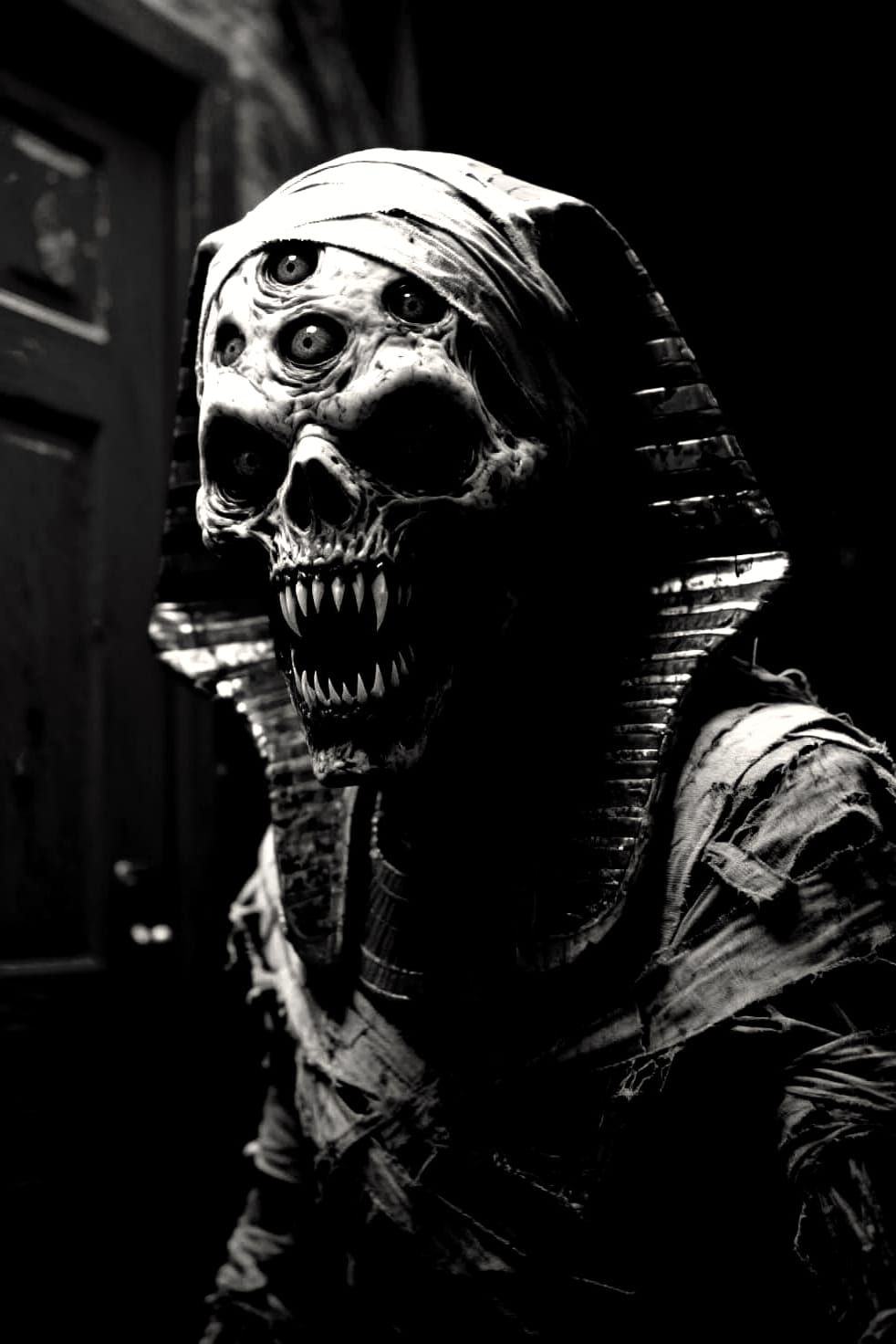 Terrifying evil mummy standing in front of a red door