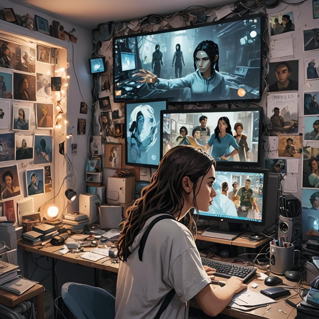 A woman looking into the computer screen, a avatar looking back with her hand on the inside of the computer screen, in a teenager messy bedr...