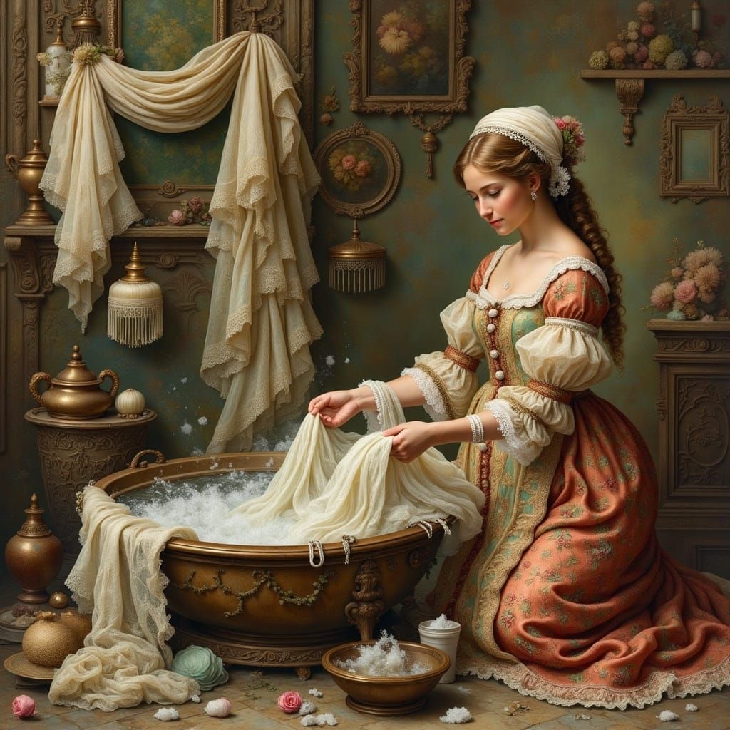 <lora:Vintage Steam:1.0>A 17th century woman in ornate Baroque attire, with a lace-trimmed cap and a ...  by @Denise