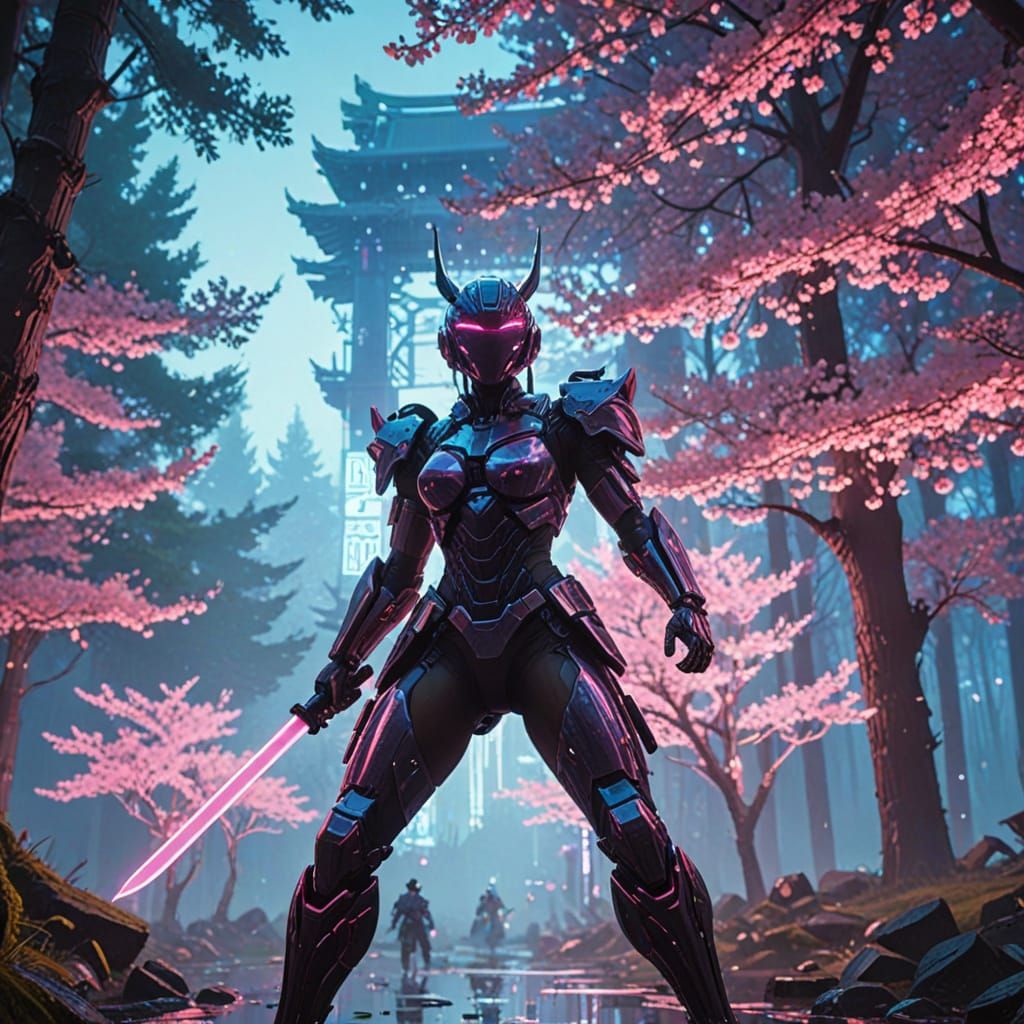 A cyberpunk ronin slices through a digital cherry blossom forest in a neon-lit temple. Binary code flows around him like petals. Extreme dyn...