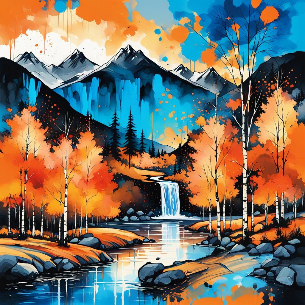 The art of splattering blue, black and orange ink, a beautiful landscape consisting of a maple and birch ...  by @GRAZYNA-BARBARA