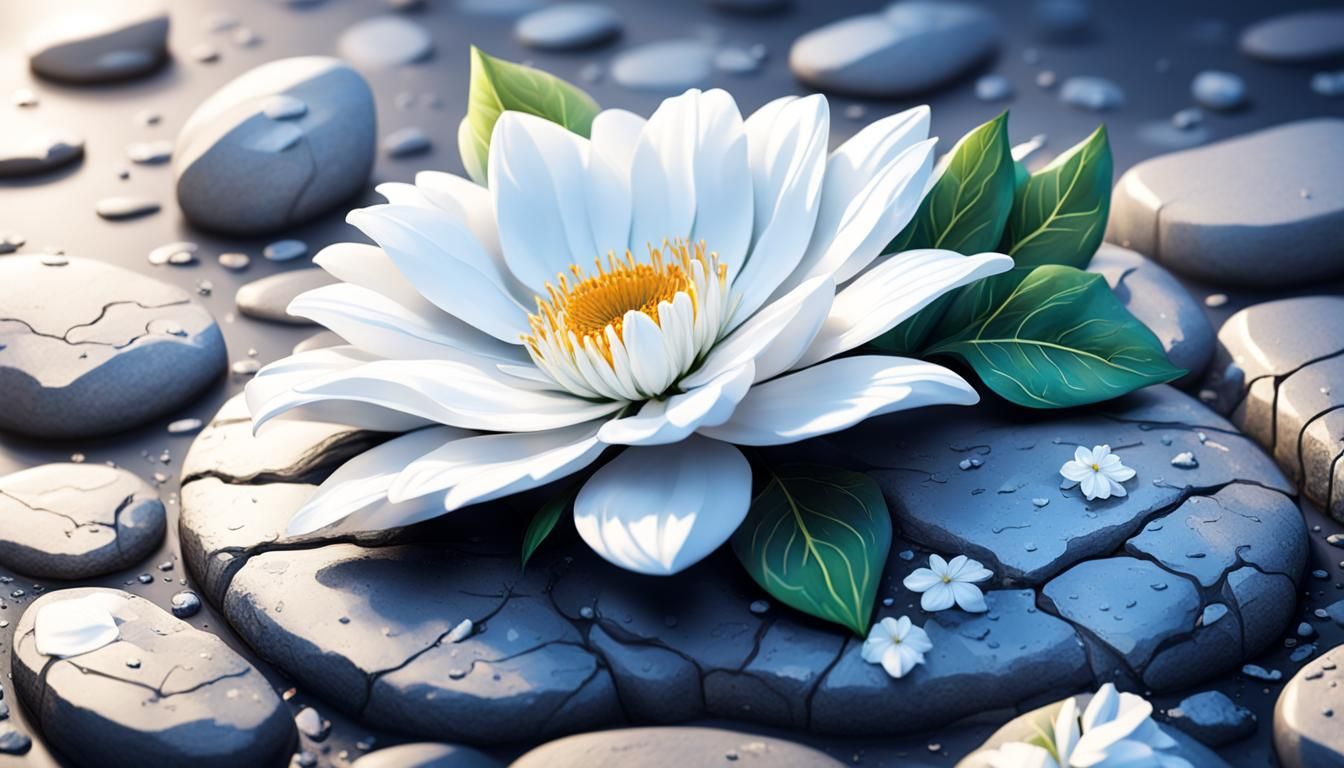 white flower growing on a stone in a vacant lot Hyperrealist...