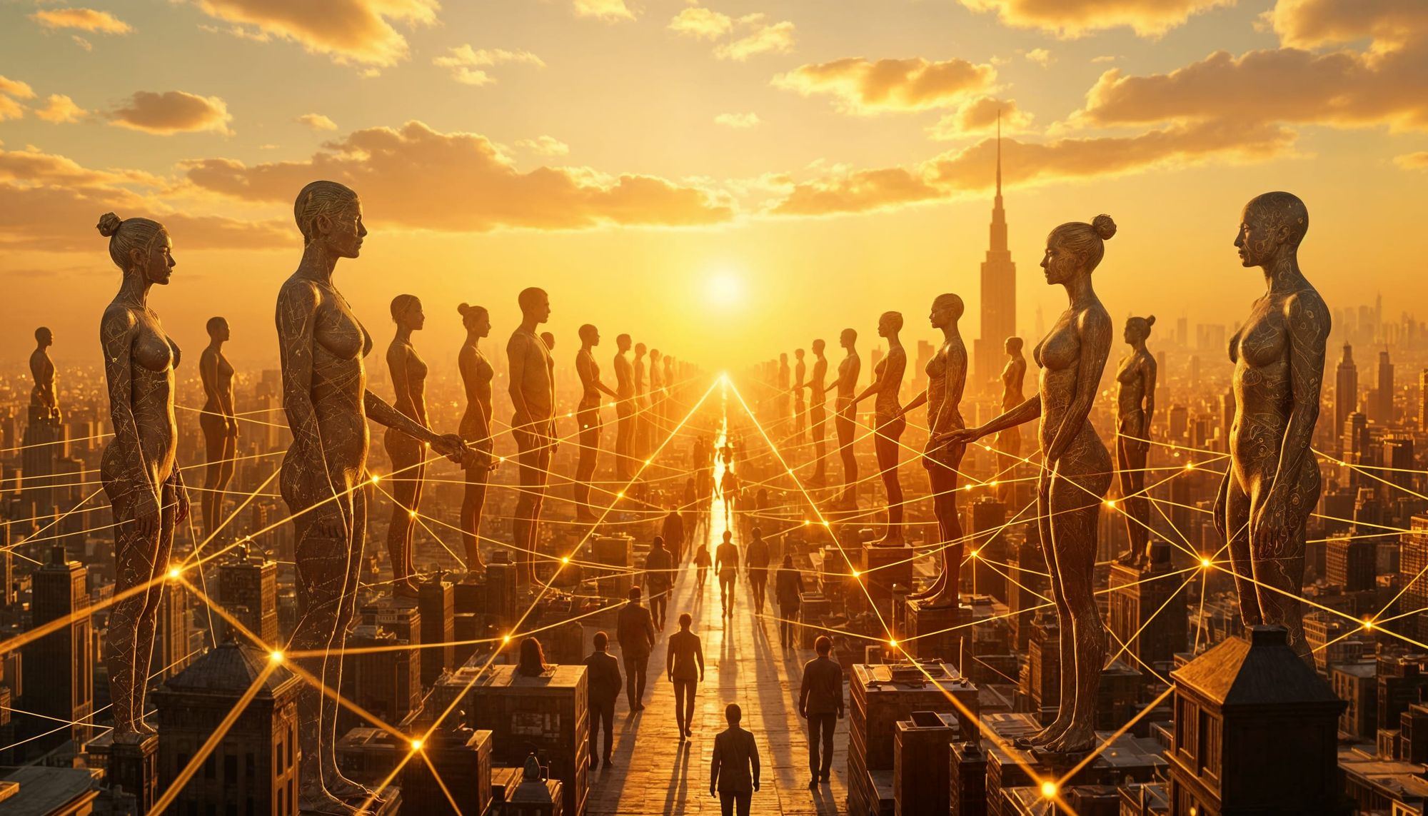 Ultra realistic surreal painting of a city made of golden threads connecting people’s hearts instead of buildings — symbolizing a society bu...