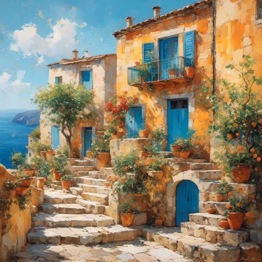 <lora:JUAN B STYLE:1.0> a beautiful colourful mediterranean village, houses in different colours, weathered paint, sea in the background, bl...