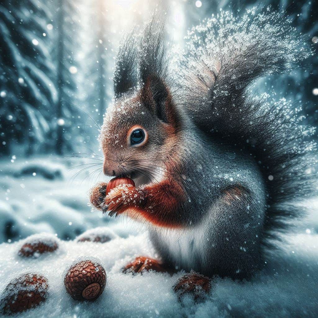 Squirrel eating acorns in the snow  by @HannibalBarley