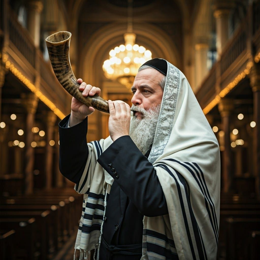Hasidic Man Blowing Shofar in Historic Synagogue
