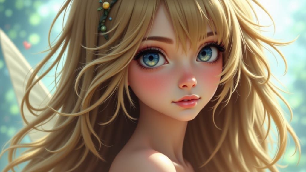<lora:tama-chan:1.0> <lora:Lora:1.0> A delicate portrait of Tinkerbell with long hair. There is some wind and her hair is partially covering...