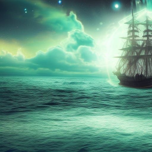 A pirate ship on a mystical sea, galaxy sky, high resolution...