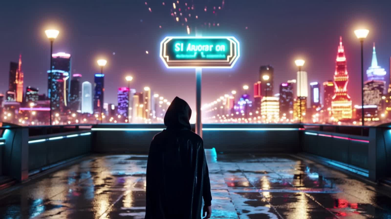 "Cinematic anime city rooftop at night, hooded character with dreadlocks stands facing neon-lit skyline, glowing hologra...