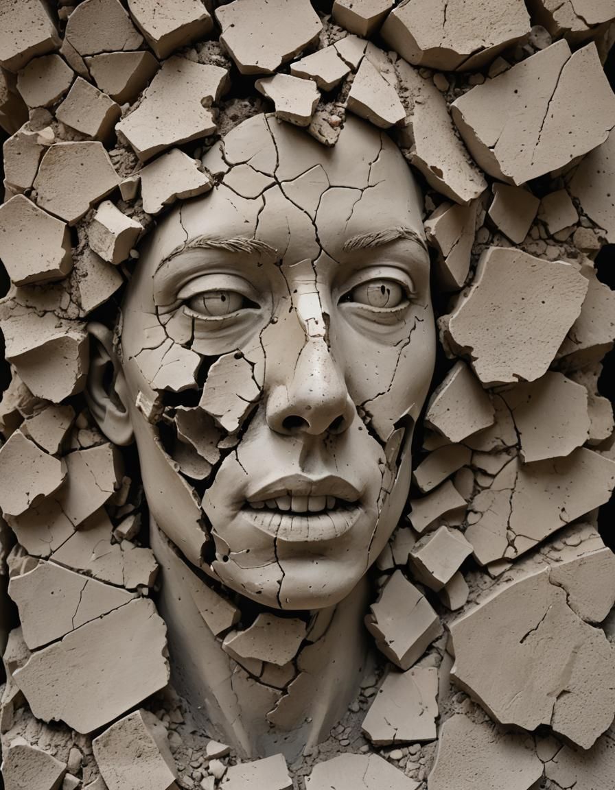 Close up of a sculpture of a person with a broken face, mixed media ...