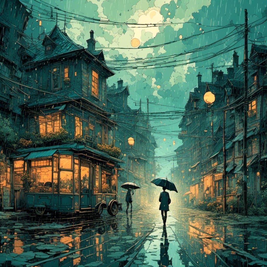 <lora:Anime v21:1.0> A whimsical surreal thunderstorm, lightning, rain, distinctive illustrative style inspired by Tim Burton, Van Gogh, Sam...