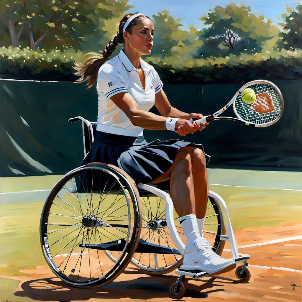 Oil painting of girl playing wheelchair tennis on gravel court  by @Fokje
