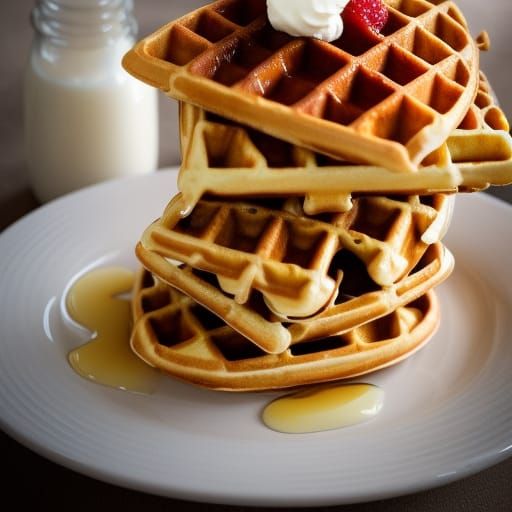 stack of delicious waffles with butter, syrup and whipped cr...