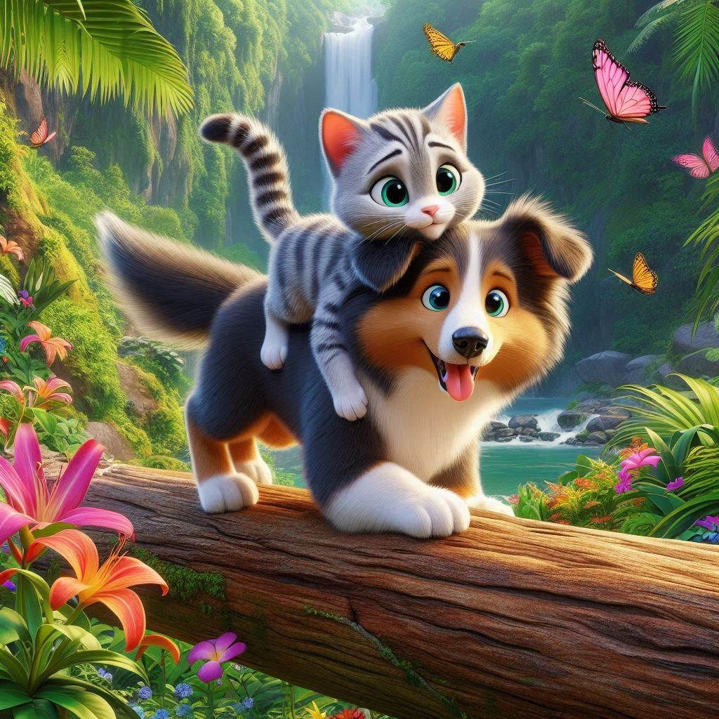 Benji sheltie and Sasha Scat cat in the Amazon rainforest