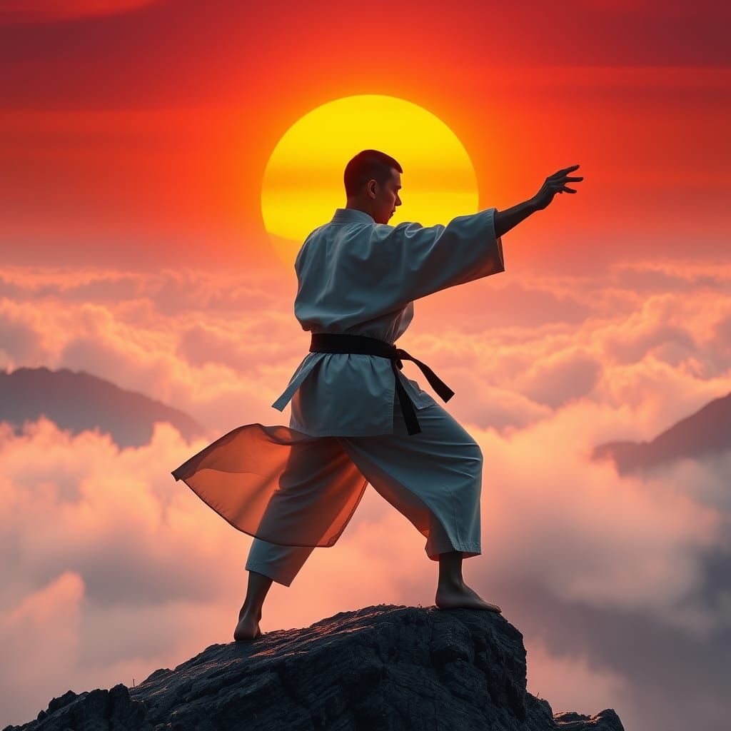 A lone karate master stands atop a mist-shrouded mountain peak, silhouetted against a vibrant sunrise. He is in the mids...