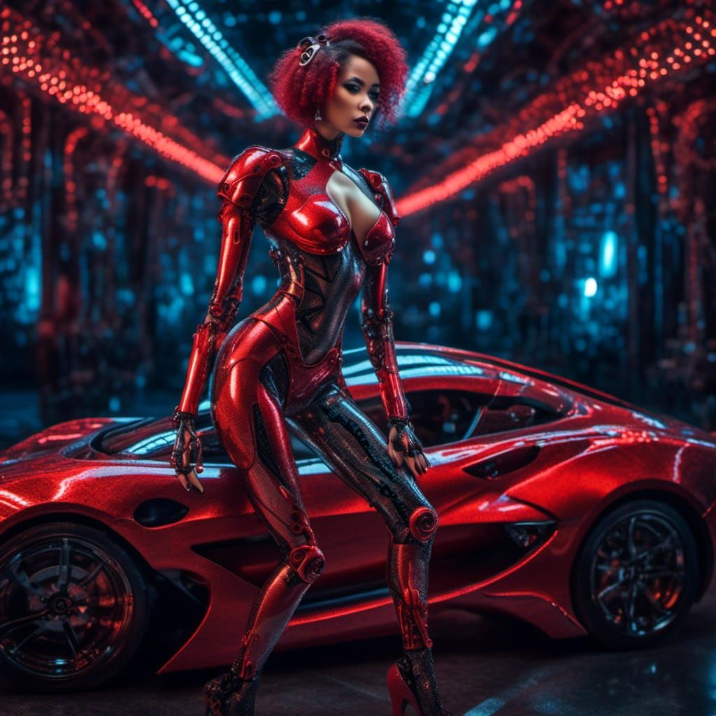 <lora:Futuristic Glamor:1.0> Carbon fiber body and skin cyborg robot vixen model with futuristic cosmic galaxy red sports car, futuristic pi...