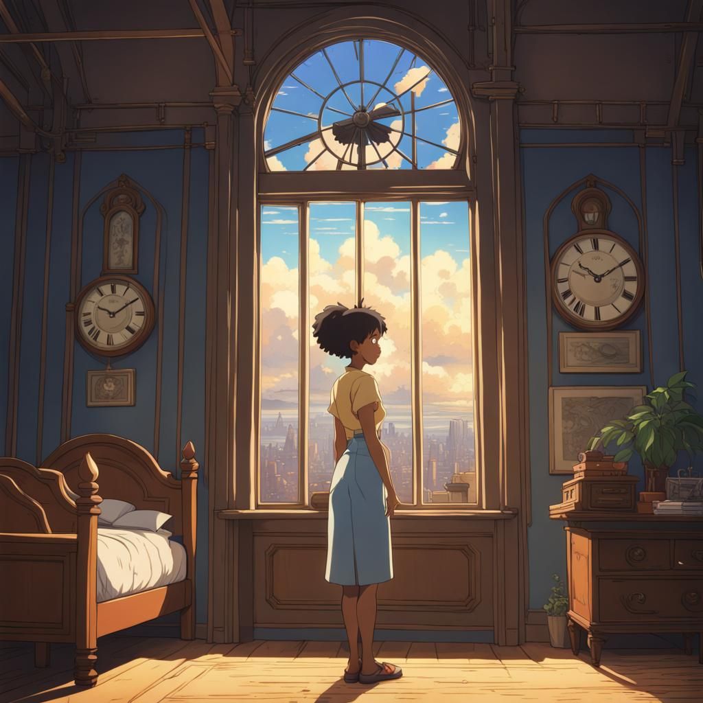 Black woman standing in a clock tower bedroom.