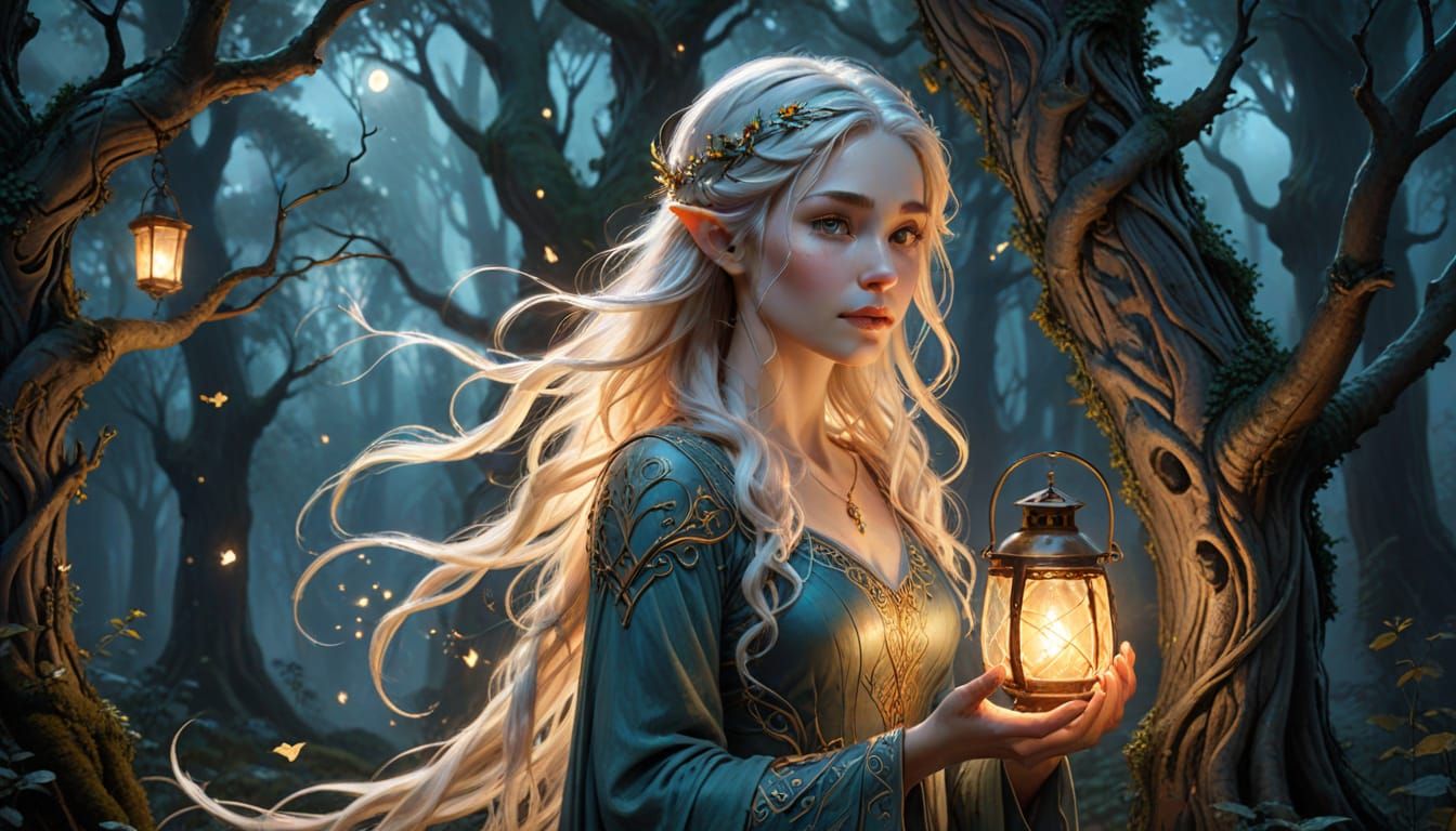 An elven woman with shimmering, ethereal hair that trails like stardust, holding a glowing lantern in a twilight forest. Ancient trees with ...