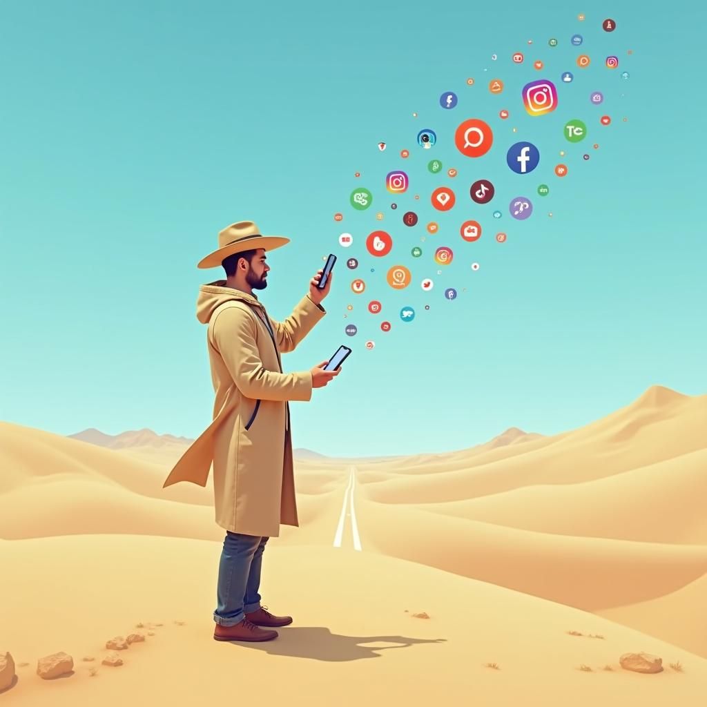 In deserted place a man is holding a phone from which tags for Facebook, Instagram, TikTok, Whatsapp come out 