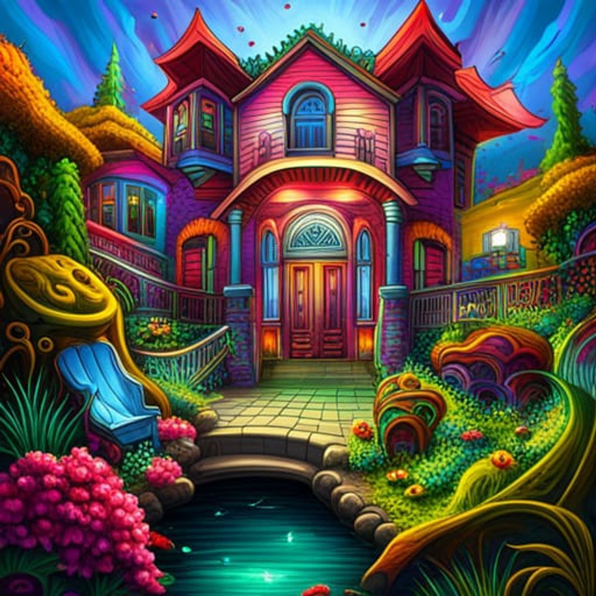 haunted house, colorful garden, intricate jewel, crystal cave