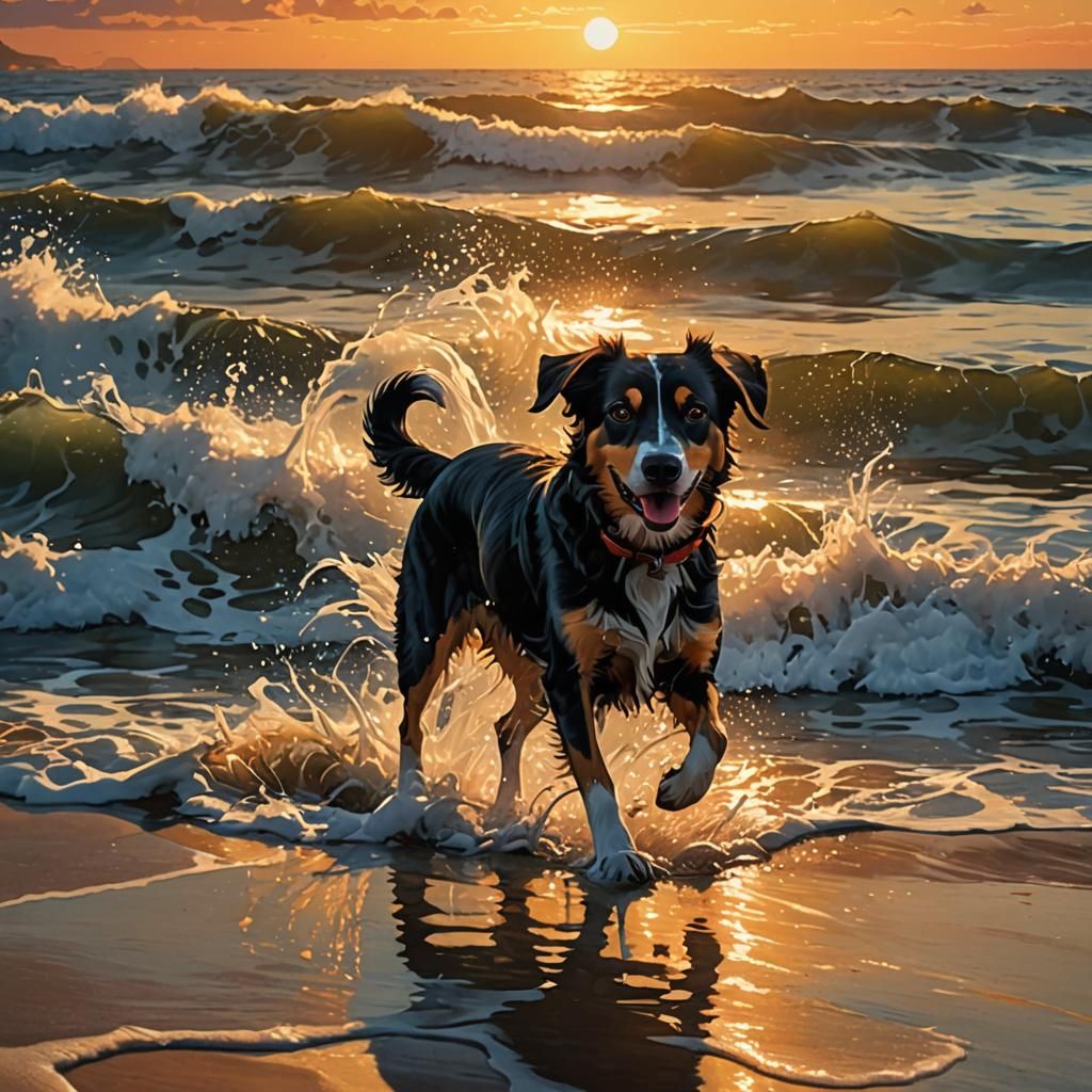 Ocean waves at sunset, a dog splashes in the water just off the shore.  His owners are walking not far ...  by @Christopher Allen