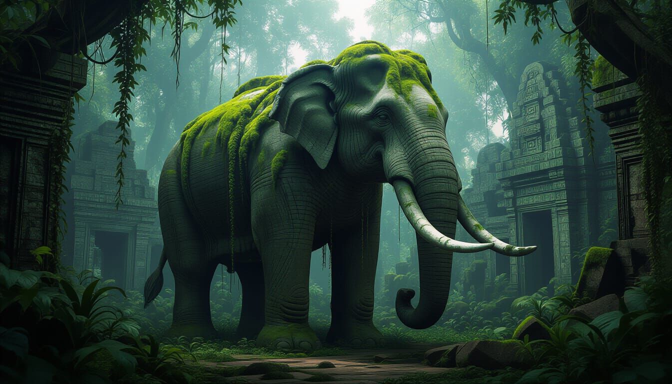 A colossal, ancient stone elephant, weathered by millennia, stands as a forgotten monument in a dense, overgrown jungle. Vines snake across ...