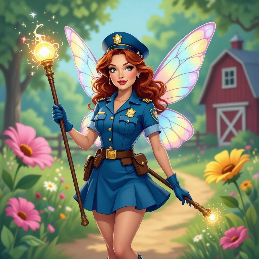 Ink drawing of a beautiful chestnut-haired fairy cop visiting a farm.